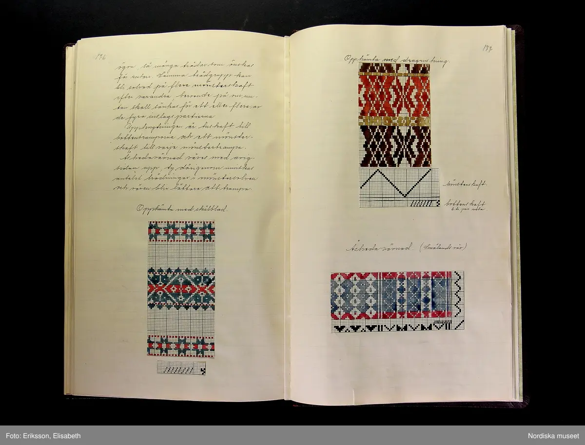 Vävbok. Svart pärm med tryck i guldfärg på framsidan "VÄVBOK" / "ELSA WIKSTRAND". Boken är handskriven med text och teckningar av vävstolar och vävnotor. Inklistrade tygprover.