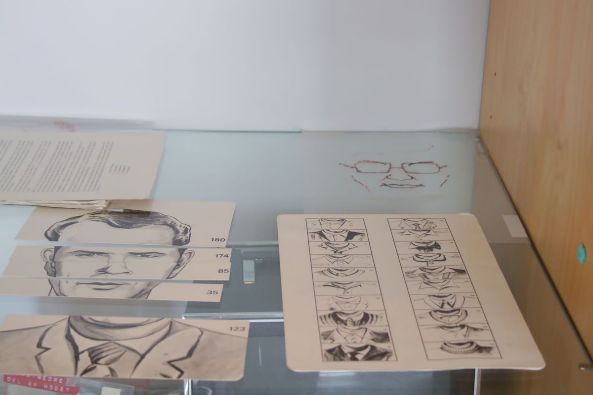 Pappboks med 200 tegnede portretter av menn. Hvert portrett er delt i fem deler, så portrettene kan settes sammen og varieres i det uendelige.