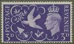 Frimärke ur Gösta Bodmans filatelistiska motivsamling, påbörjad 1950.
Frimärke från England, 1946. Motiv av murslev, passare, vinkelhake. Symboler för återuppbyggandet efter kriget. t.h. Kung George VI.