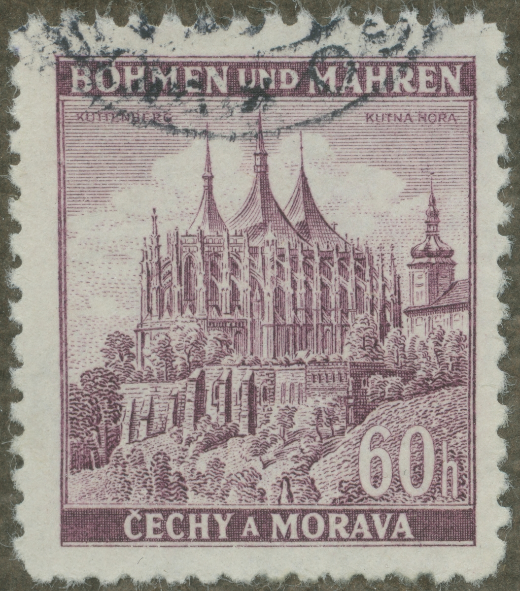 Frimärke ur Gösta Bodmans filatelistiska motivsamling, påbörjad 1950.
Frimärke från Böhmen-Mähren, 1939. Motiv av St. Barbarakyrkan i Kuttenberg.