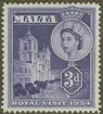 Frimärke ur Gösta Bodmans filatelistiska motivsamling, påbörjad 1950.
Frimärke från Malta, 1954. Motiv av St. Johns Katedralen på Malta. T.h. Drottning Elizabeth II. 