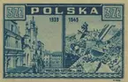 Frimärke ur Gösta Bodmans filatelistiska motivsamling, påbörjad 1950.
Frimärke från Polen, 1945. Motiv av före (1939) och efter (1945) bombning av Warschau Katedralen St. Johannes (Jana).