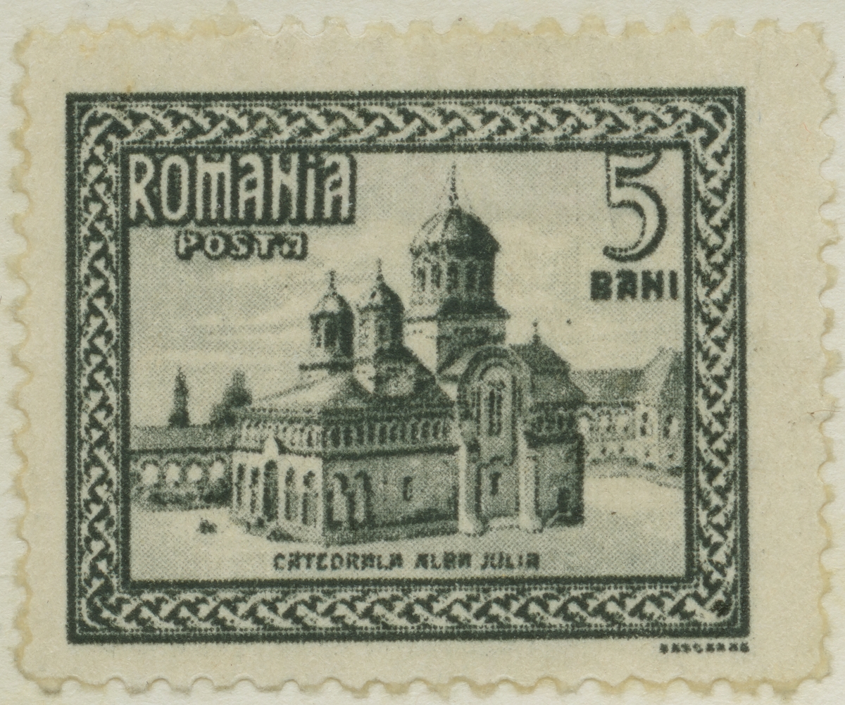 Frimärke ur Gösta Bodmans filatelistiska motivsamling, påbörjad 1950.
Frimärke från Rumänien, 1922. Motiv av Alba Julia Katedralen. "Minne av Kung Ferdinand I och Drottning Maries kröning i Alba Julia katedralen 1922".
