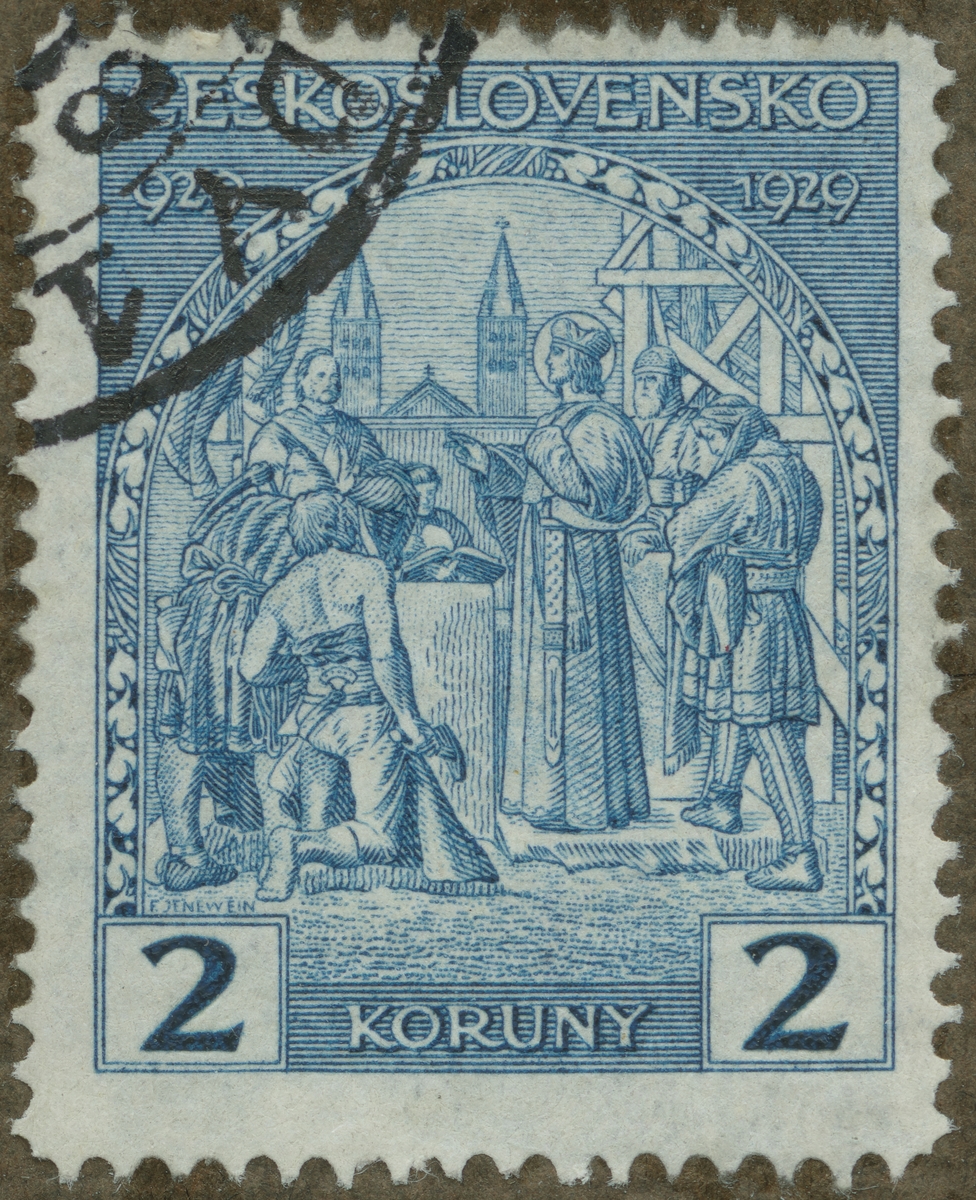 Frimärke ur Gösta Bodmans filatelistiska motivsamling, påbörjad 1950.
Frimärke från Tjeckoslovakien, 1929. Motiv av grundläggningen av St. Vitus katedralen 929. "1000-årsminne".