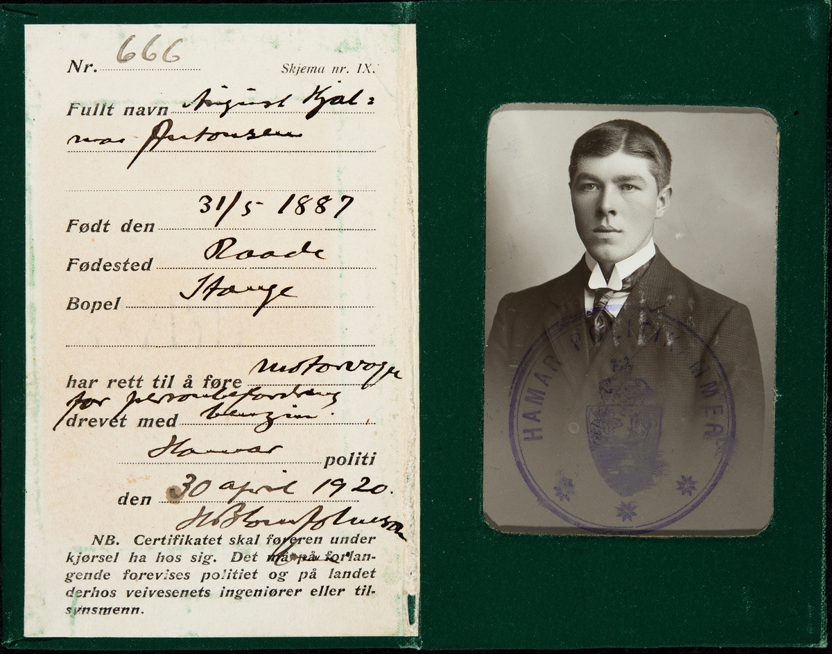 Sertifikat nr. 666. August Hjalmar Antonsen f. 31.05.1887- 18.07.1960. Brenneriarbeider på Atlungstad.