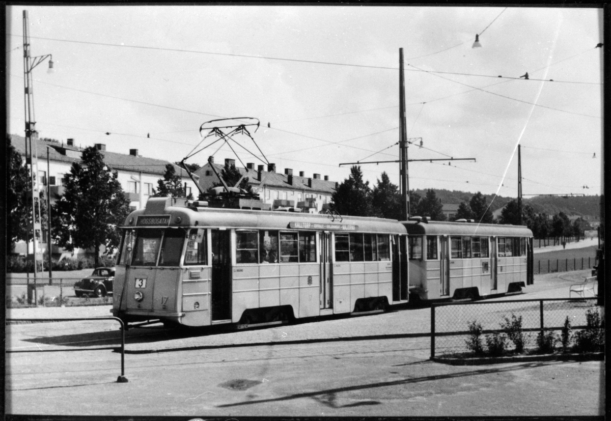 Göteborgs Spårvägar, GS M23 17 "mustang" med släpvagn på linje 3 trafikerade mellan Kålltorp - Majorna.