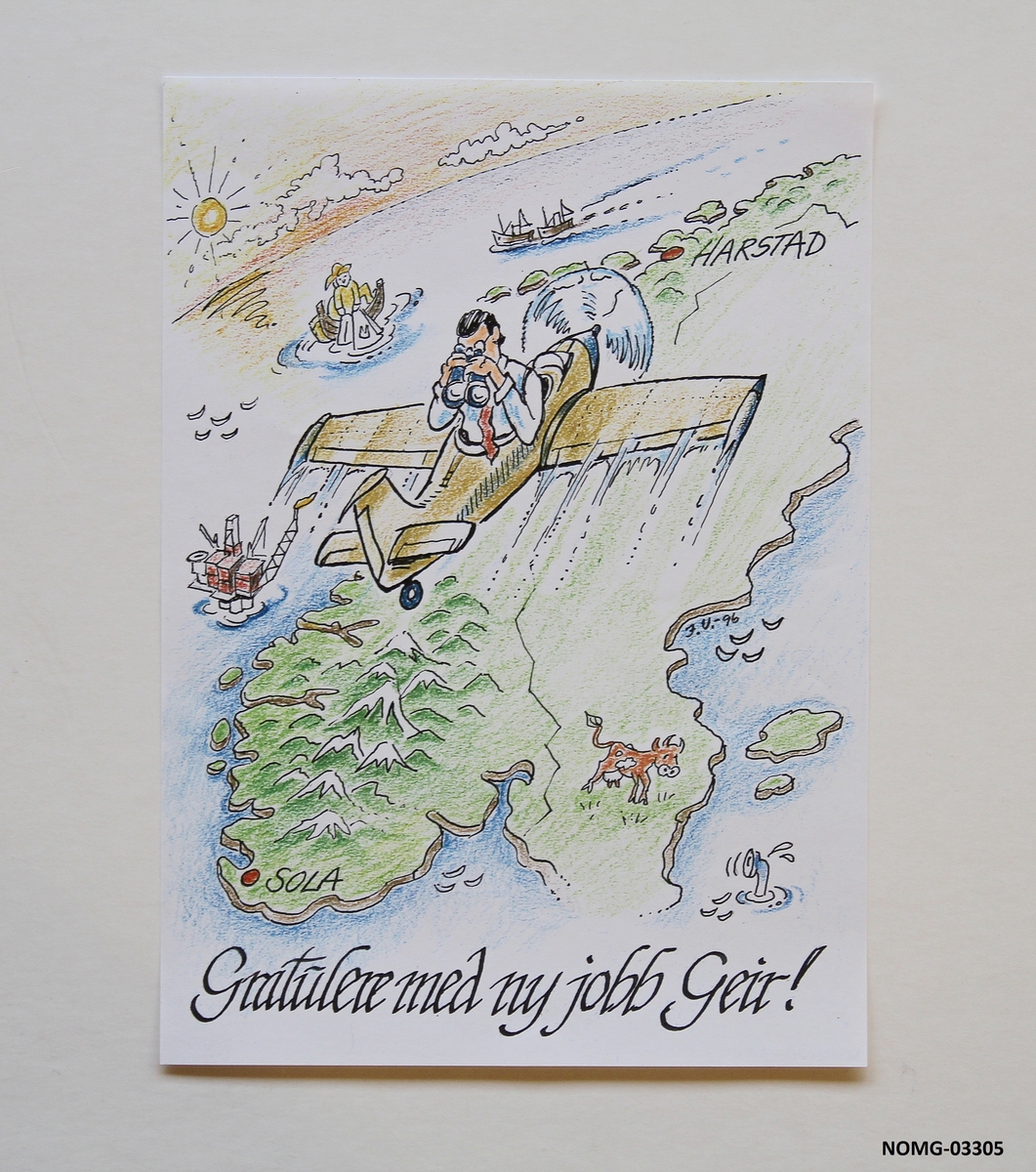 Gratulasjonskort illustrert med en tegning og tekst. Vertikalt format.