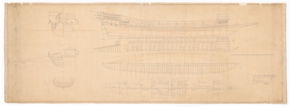 Galär av 1748/1749 års typ (UPPSALA, UPPLAND och VÄSTERBOTTEN). Profil- och linjeritning, spant, sektioner samt plan med inredning.