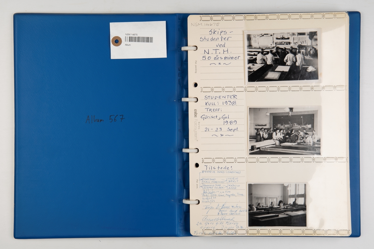 Minnealbum fra 1938-kullet på skipslinjen ved Norges tekniske høgskole. Albumet inneholder også bilder fra studentenes jubileumstreff på Gol i 1989