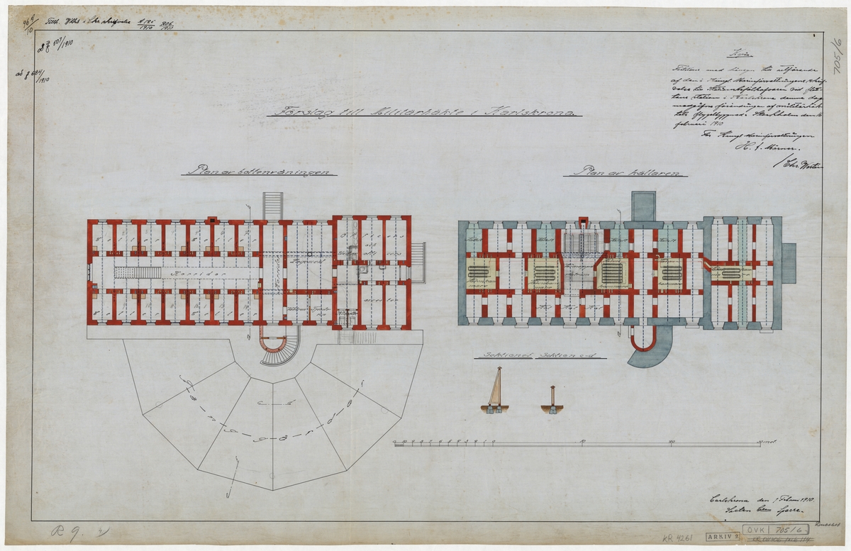 Förslag till militärhäkte i Karlskrona, byggnad 705
Plan av bottenvåningen och källaren
