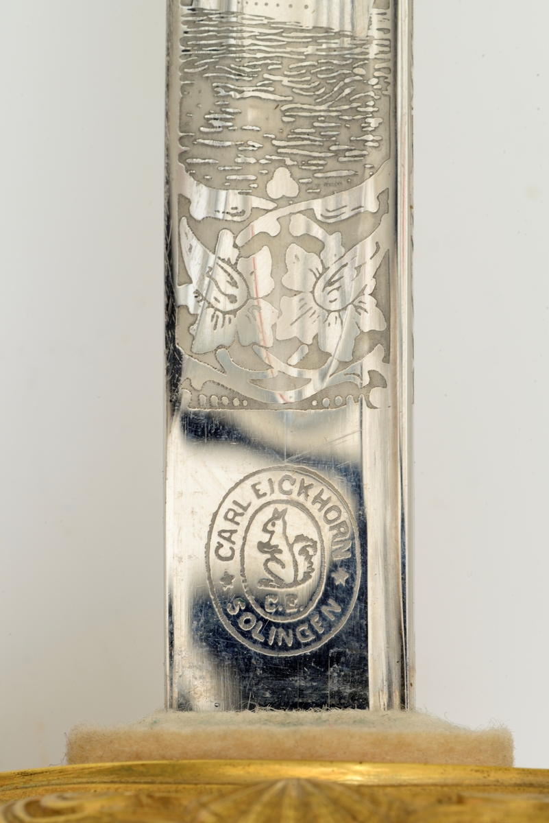 Norsk marinesabel Modell 1842. Feste i forgyllyt messing. Flat knapp med blomstermotiv. Nakkestykke merket "Lars Yggeseth"
Hvitt plastgrep med riller med snodd messingtråd i rillene. Gjennombrutt parerplate på utsiden med urent anker..Bakre parerstang svakt medbøyd og ender i en flattykt kule. Fremre parerstang går over i håndbøylen.
Gulltråde portepé flettet med alternativt svart/mørkeblått og gull.
Svakt krummet enegget klinge med rygg- og midtstillt blodrand. Klingen har etset dekor med moderne marinefartøy og kronet urent anker. Klimgen er merket med Carl Eichorns Solingenstempep i en oval rundt et ekorn.
Lærbalg med forgyllte messingbeslag. Munnblikket merket med norsk løve på forsiden og " Y " på baksiden. Midtbåndet er merket med kronet urent anker. Doppskoen har Neptuns tref ork og militære attributter.