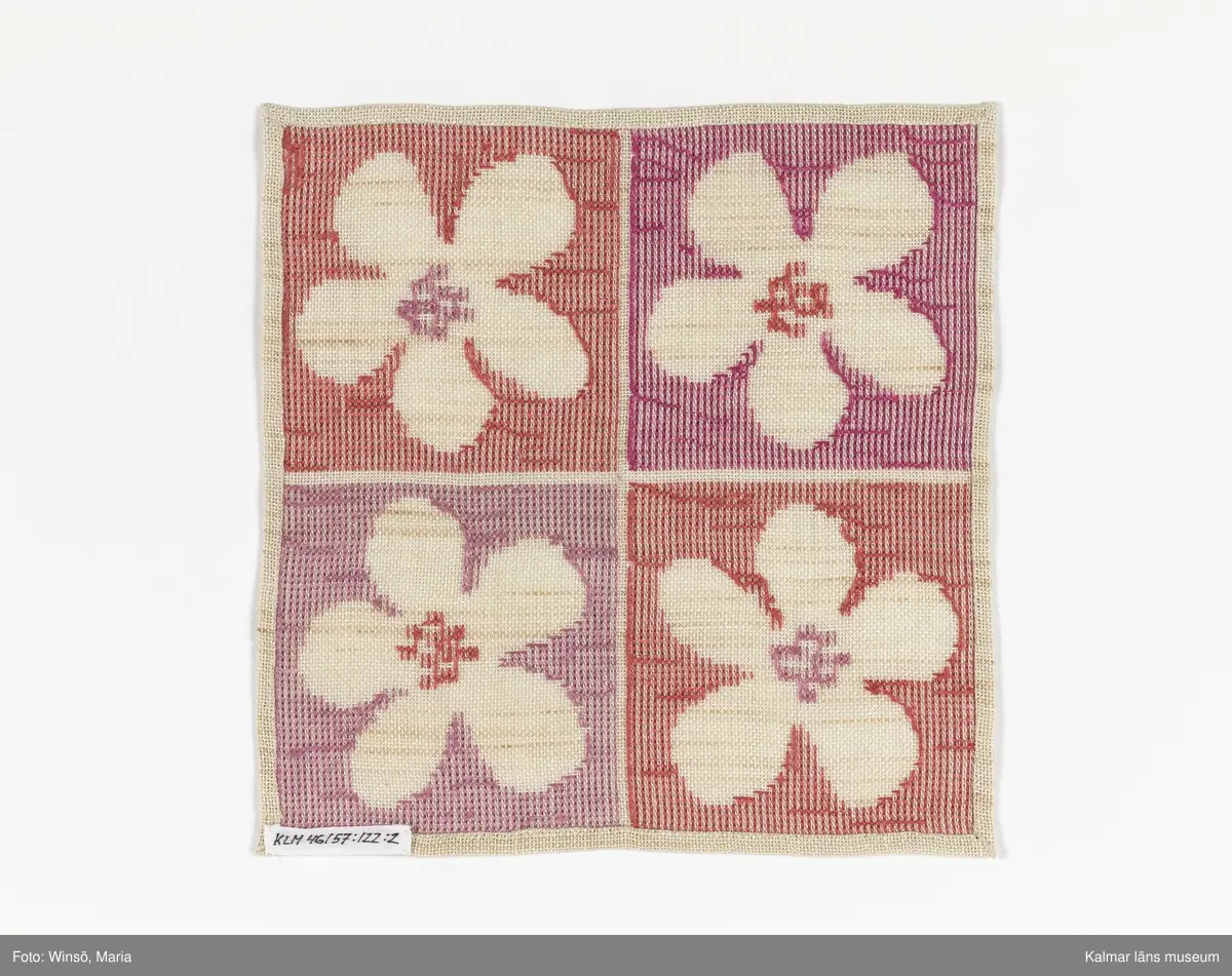 Rutmönster med vita blommor på blå och grön bakgrund (:1) samt rosa och röd bakgrund (:2). Titel: "Oj vad de blommar".