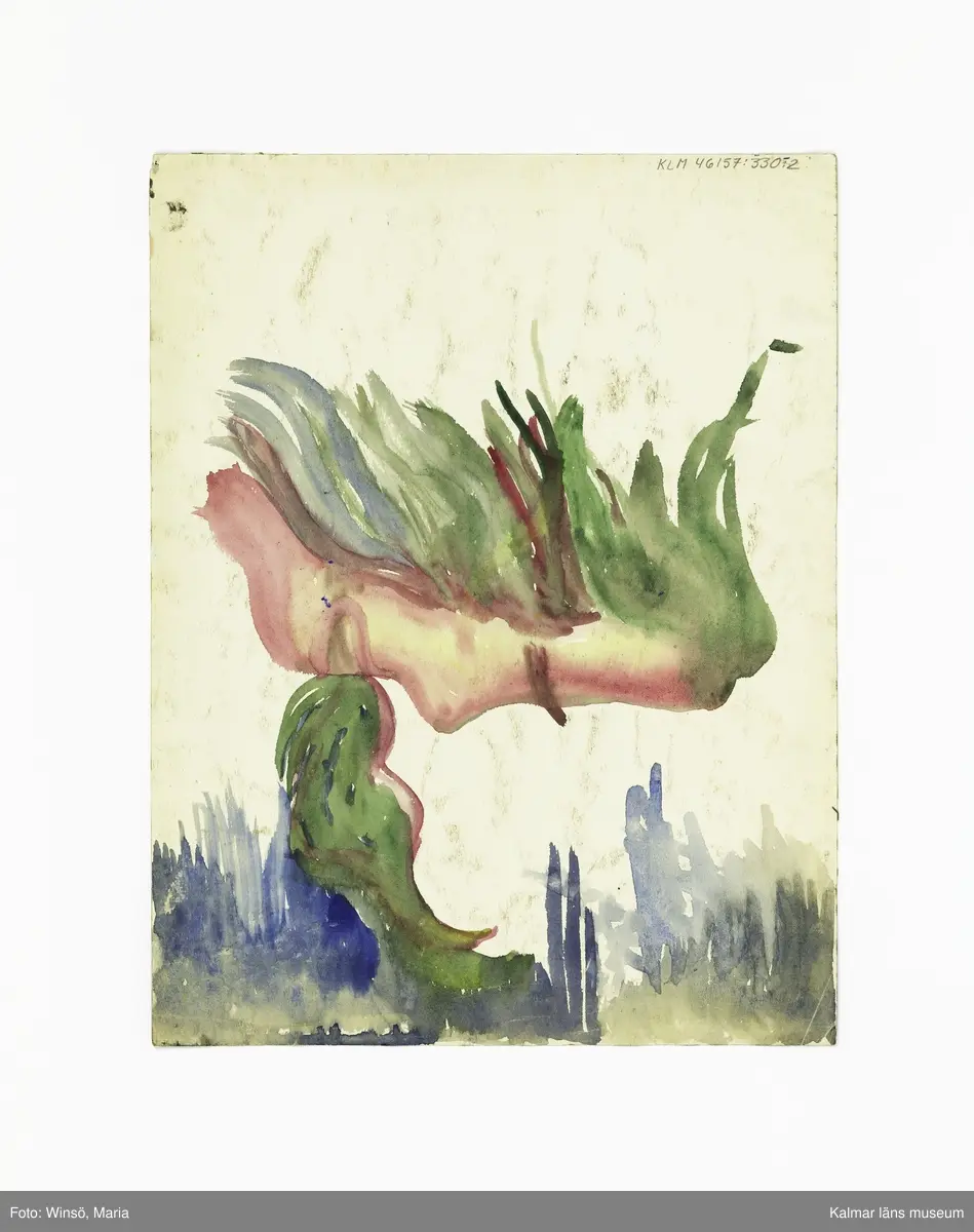 1: Ansikte. Titel: "Lustekurr! 2: Kvinnor i klänningar. Titel: Kvinnor 1951. Ansikte i profil som sprutar grön eld ur munnen (baksida). 3: Virvlande mönster. Titel: NERVOSITET.