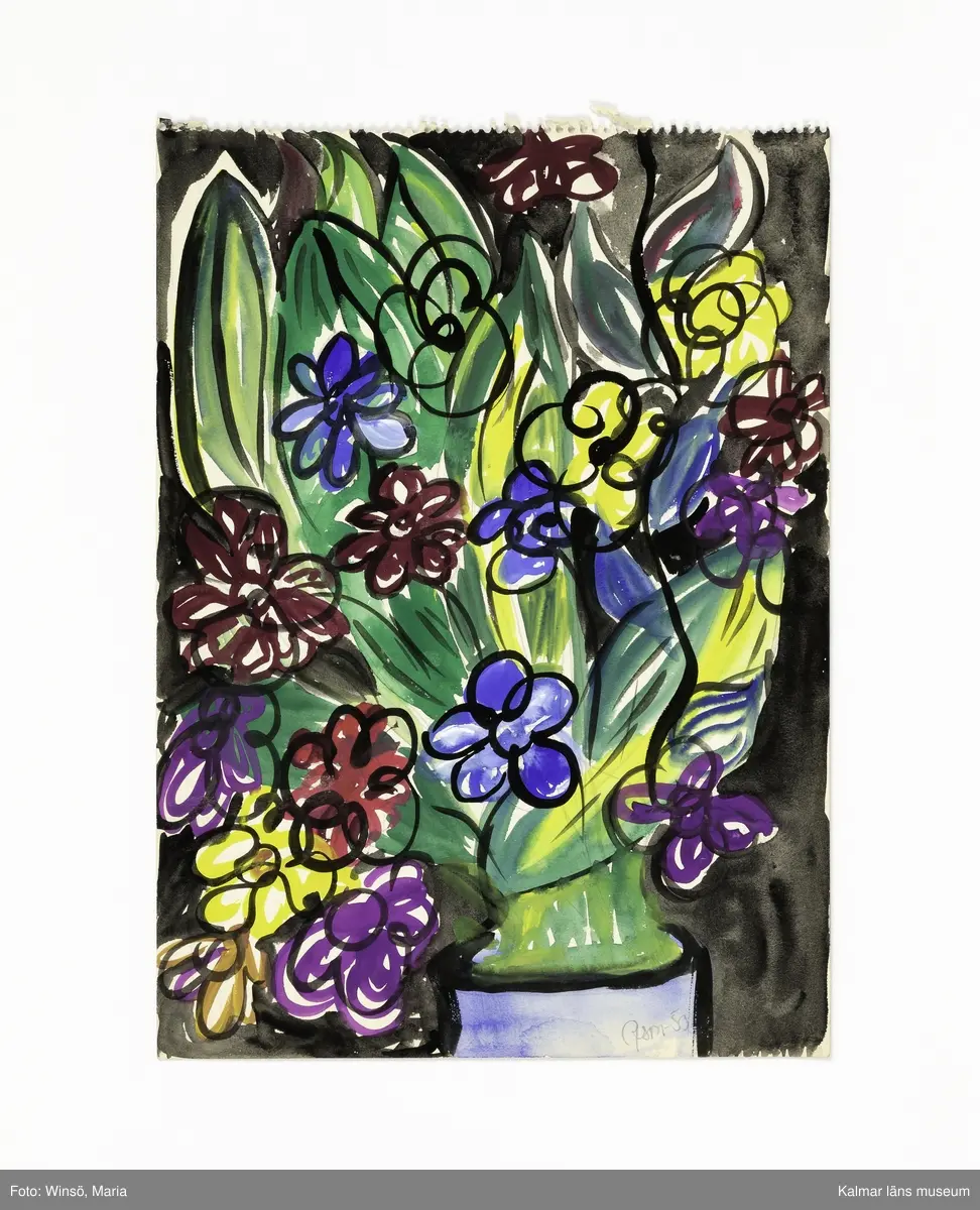 1: Man i blå rock och svart hatt, gående på väg. Titel: Kyrkoherden. 2: Blomsterbukett i vas. 3: Kvinnor i klänningar , kappor och hattar i brådska på stan. Titel: JÄKT!