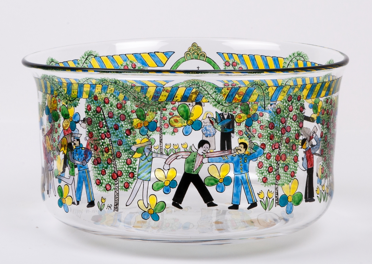 Målad glasskål, "Bröllop", ut Gunnas Cyréns glassamling "Svenska män och flickor".