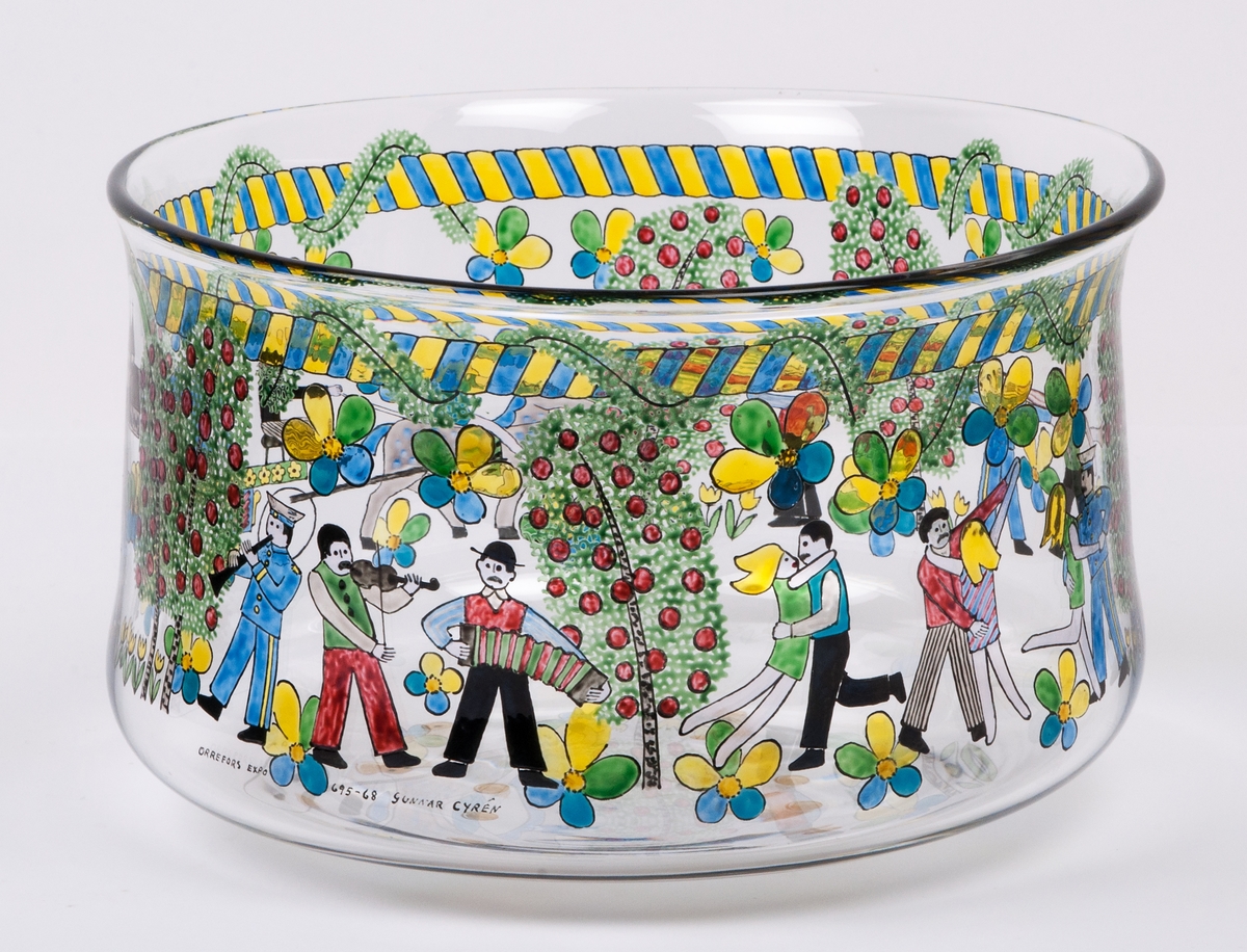 Målad glasskål, "Bröllop", ut Gunnas Cyréns glassamling "Svenska män och flickor".