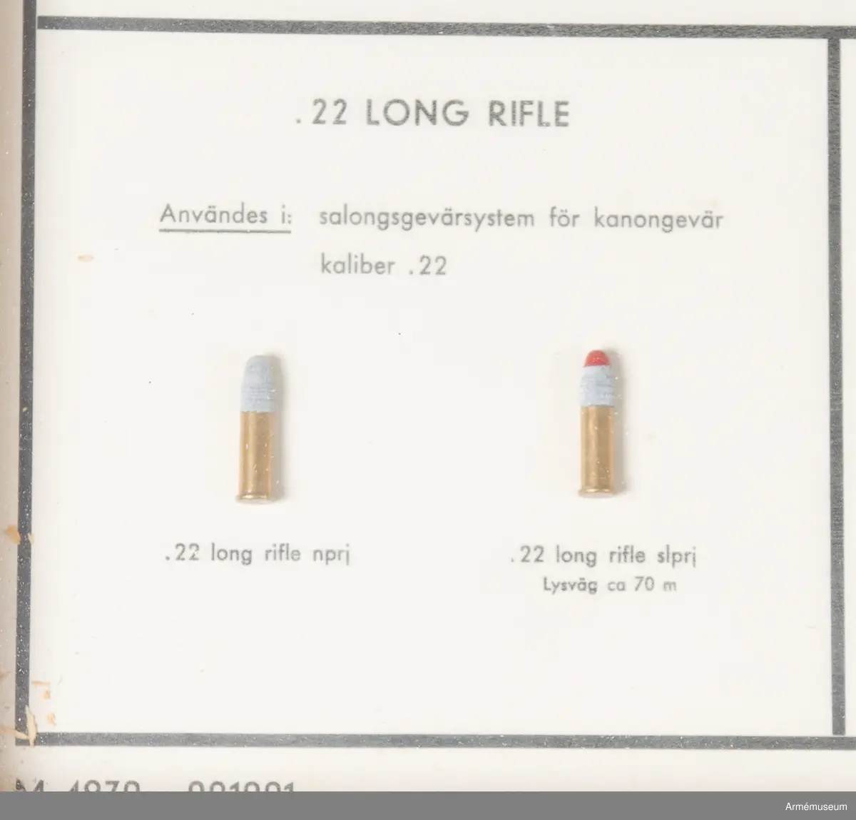 Glasad och ramad monterad finkalibrig ammunition enl följande:
6,5 mm skarp patron m/1894 m projektil m/1894, 3 delar;
6,5 mm skarp patron m/1894 m projektil m/1941, 2 delar;
6,5 mm skarp patron m/1894 m spårljusprojektil m/1939, 1 del;
6,5 mm skarp patron m/1894 m spårljusprojektil m/1941, 1 del;
6,5 mm skarp patron m/1894 m pansarprojektil m/1941, 1 del;
6,5 mm skarp patron m/1894 m övningsprojektil m/1944, 1 del;
6,5 mm skarp patron m/1894 m spårljusprojektil m/1941, 1 del;
6,5 mm skarp patron m/1894 m spårljusprojektil m red. laddn. 2 delar;
6,5 mm skarp kammarpatron m/1912, 1 del;
6,5 mm lös patron m/1914, 1 del;
6,5 mm laddblindpatron m/1919, 1 del;

7,62 mm skarp patron 10 prj,3 delar;
7,62 mm  skarp patron 10 m spårljusprojektil, 1 del;
7,62 mm kammarpatron 10, 1 del;
7,62 mm lös patron 10, 1 del; 7,62 mm laddblindpatron 10, 1 del;

8 mm skarp patron m/1932 m projektil m/1932, 3 delar;
8 mm skarp patron m/1932 m spårljusprojektil m/1939, 1 del;
8 mm skarp patron m/1939 m pansarprojektil m/1939, 1 del;
8 mm skarp patron m/1939 m brandprojektil m/1941, 1 del;
8 mm laddblindpatron m/1932, 1 del;

9 mm skarp patron m/1939, 3 delar; 9 mm skarp patron m/1939 B, 2 delar; 9 mm kammarpatron m/1939, 1 del;
9 mm lös patron m/1939, 1 del;
9 mm laddblindpatron m/1939, 1 del;
9 mm skarp patron m/1907, 1 del;
9 mm laddblindpatron m/1907, 1 del;

22 long rifle normalprojektil, 1 del;
22 long rifle spårljusprojektil, 1 del. Laddram f 6,5 och 7,62 mm patroner, 1 del.

Laddramsbricka f 9 mm patron m/1939 B, 1 del.
Kulspruteband 58, 1 del.
Normalband, 1 st m/1941, (med fem patroner), 6 delar.