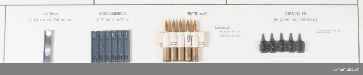 Glasad och ramad monterad finkalibrig ammunition enl följande:
6,5 mm skarp patron m/1894 m projektil m/1894, 3 delar;
6,5 mm skarp patron m/1894 m projektil m/1941, 2 delar;
6,5 mm skarp patron m/1894 m spårljusprojektil m/1939, 1 del;
6,5 mm skarp patron m/1894 m spårljusprojektil m/1941, 1 del;
6,5 mm skarp patron m/1894 m pansarprojektil m/1941, 1 del;
6,5 mm skarp patron m/1894 m övningsprojektil m/1944, 1 del;
6,5 mm skarp patron m/1894 m spårljusprojektil m/1941, 1 del;
6,5 mm skarp patron m/1894 m spårljusprojektil m red. laddn. 2 delar;
6,5 mm skarp kammarpatron m/1912, 1 del;
6,5 mm lös patron m/1914, 1 del;
6,5 mm laddblindpatron m/1919, 1 del;

7,62 mm skarp patron 10 prj,3 delar;
7,62 mm  skarp patron 10 m spårljusprojektil, 1 del;
7,62 mm kammarpatron 10, 1 del;
7,62 mm lös patron 10, 1 del; 7,62 mm laddblindpatron 10, 1 del;

8 mm skarp patron m/1932 m projektil m/1932, 3 delar;
8 mm skarp patron m/1932 m spårljusprojektil m/1939, 1 del;
8 mm skarp patron m/1939 m pansarprojektil m/1939, 1 del;
8 mm skarp patron m/1939 m brandprojektil m/1941, 1 del;
8 mm laddblindpatron m/1932, 1 del;

9 mm skarp patron m/1939, 3 delar; 9 mm skarp patron m/1939 B, 2 delar; 9 mm kammarpatron m/1939, 1 del;
9 mm lös patron m/1939, 1 del;
9 mm laddblindpatron m/1939, 1 del;
9 mm skarp patron m/1907, 1 del;
9 mm laddblindpatron m/1907, 1 del;

22 long rifle normalprojektil, 1 del;
22 long rifle spårljusprojektil, 1 del. Laddram f 6,5 och 7,62 mm patroner, 1 del.

Laddramsbricka f 9 mm patron m/1939 B, 1 del.
Kulspruteband 58, 1 del.
Normalband, 1 st m/1941, (med fem patroner), 6 delar.