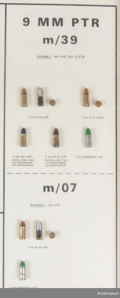 Glasad och ramad monterad finkalibrig ammunition enl följande:
6,5 mm skarp patron m/1894 m projektil m/1894, 3 delar;
6,5 mm skarp patron m/1894 m projektil m/1941, 2 delar;
6,5 mm skarp patron m/1894 m spårljusprojektil m/1939, 1 del;
6,5 mm skarp patron m/1894 m spårljusprojektil m/1941, 1 del;
6,5 mm skarp patron m/1894 m pansarprojektil m/1941, 1 del;
6,5 mm skarp patron m/1894 m övningsprojektil m/1944, 1 del;
6,5 mm skarp patron m/1894 m spårljusprojektil m/1941, 1 del;
6,5 mm skarp patron m/1894 m spårljusprojektil m red. laddn. 2 delar;
6,5 mm skarp kammarpatron m/1912, 1 del;
6,5 mm lös patron m/1914, 1 del;
6,5 mm laddblindpatron m/1919, 1 del;

7,62 mm skarp patron 10 prj,3 delar;
7,62 mm  skarp patron 10 m spårljusprojektil, 1 del;
7,62 mm kammarpatron 10, 1 del;
7,62 mm lös patron 10, 1 del; 7,62 mm laddblindpatron 10, 1 del;

8 mm skarp patron m/1932 m projektil m/1932, 3 delar;
8 mm skarp patron m/1932 m spårljusprojektil m/1939, 1 del;
8 mm skarp patron m/1939 m pansarprojektil m/1939, 1 del;
8 mm skarp patron m/1939 m brandprojektil m/1941, 1 del;
8 mm laddblindpatron m/1932, 1 del;

9 mm skarp patron m/1939, 3 delar; 9 mm skarp patron m/1939 B, 2 delar; 9 mm kammarpatron m/1939, 1 del;
9 mm lös patron m/1939, 1 del;
9 mm laddblindpatron m/1939, 1 del;
9 mm skarp patron m/1907, 1 del;
9 mm laddblindpatron m/1907, 1 del;

22 long rifle normalprojektil, 1 del;
22 long rifle spårljusprojektil, 1 del. Laddram f 6,5 och 7,62 mm patroner, 1 del.

Laddramsbricka f 9 mm patron m/1939 B, 1 del.
Kulspruteband 58, 1 del.
Normalband, 1 st m/1941, (med fem patroner), 6 delar.