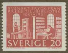 Frimärke ur Gösta Bodmans filatelistiska motivsamling, påbörjad 1950.
Frimärke från Sverige, 1961. Motiv av svenskt tryck från press till bibliotek 1661-1961. 