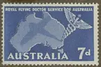 Frimärke ur Gösta Bodmans filatelistiska motivsamling, påbörjad 1950.
Frimärke från Australien, 1957. Motiv av karta över Australien. Skygga av flygplan. 