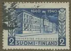 Frimärke ur Gösta Bodmans filatelistiska motivsamling, påbörjad 1950.
Frimärke från Finland, 1940. Motiv av Universitetet i Helsingfors. 