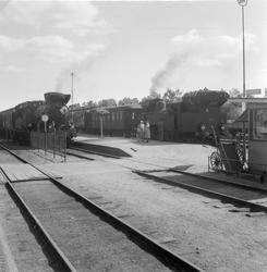 Två ånglok med vedeldning står vid plattformen vid Söderhamn