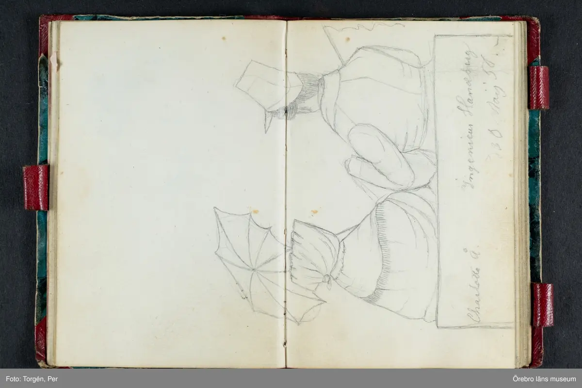 Skissbok med studieporträtt i blyerts av Wilhelmina Lagerholm (1826-1917).  Skisserna är förmodligen tecknade i Örebro under våren och sommaren 1850. I november samma år flyttade Wilhelmina Lagerholm till Stockholm för att studera teckningskonst och måleri. Några av bilderna är daterade och flera har namn på den avporträtterade. De föreställer släktingar, familjemedlemmar samt vänner och bekanta i Örebro.
Ingår i PS-15 Juliana Mannerfelt (W:s faster), F:5 Skissböcker, mm. Wilhelmina Lagerholm.