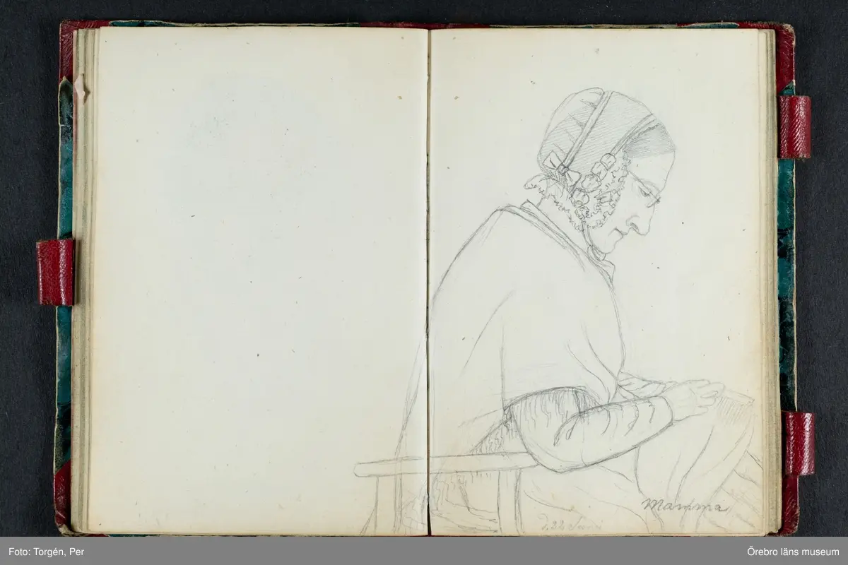 Skissbok med studieporträtt i blyerts av Wilhelmina Lagerholm (1826-1917).  Skisserna är förmodligen tecknade i Örebro under våren och sommaren 1850. I november samma år flyttade Wilhelmina Lagerholm till Stockholm för att studera teckningskonst och måleri. Några av bilderna är daterade och flera har namn på den avporträtterade. De föreställer släktingar, familjemedlemmar samt vänner och bekanta i Örebro.
Ingår i PS-15 Juliana Mannerfelt (W:s faster), F:5 Skissböcker, mm. Wilhelmina Lagerholm.