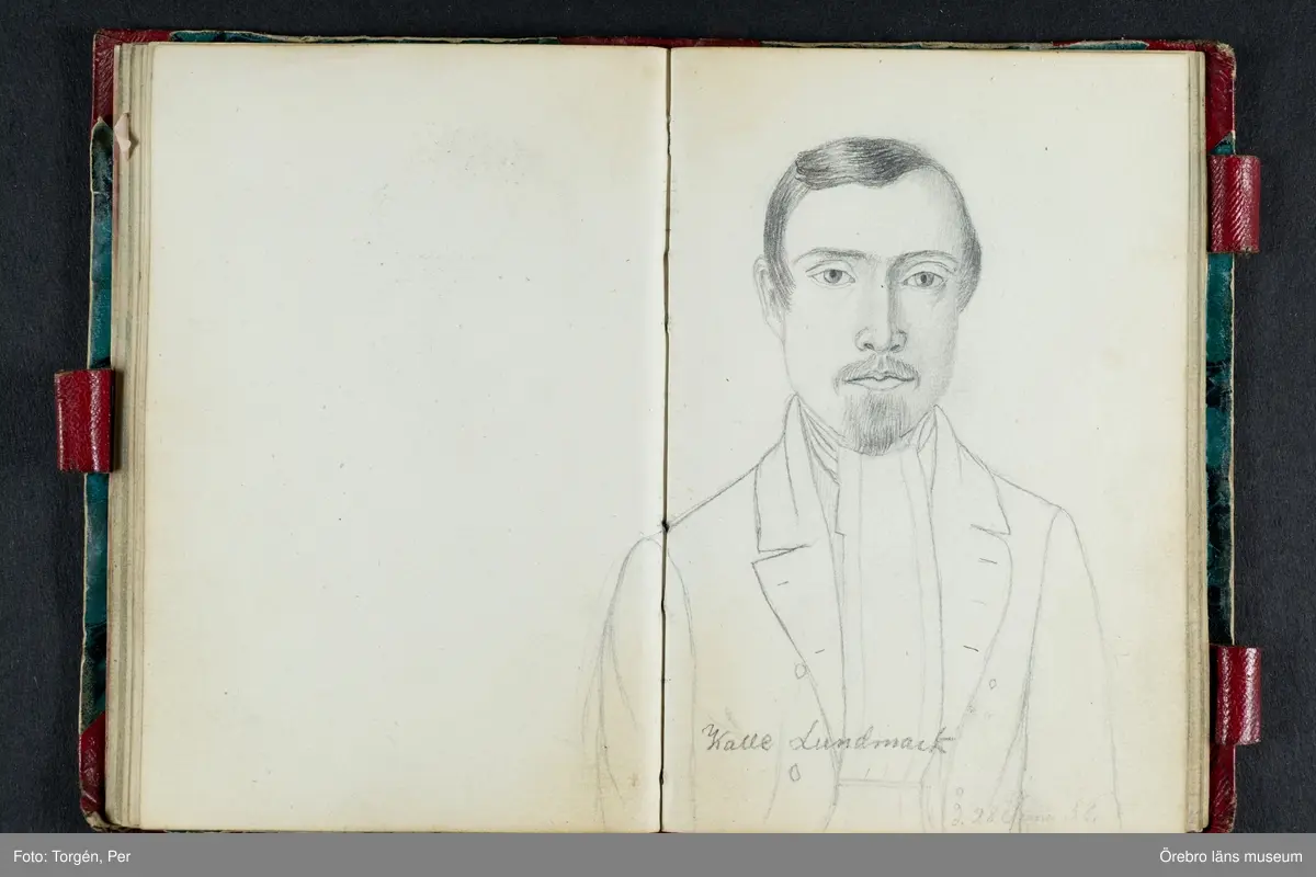 Skissbok med studieporträtt i blyerts av Wilhelmina Lagerholm (1826-1917).  Skisserna är förmodligen tecknade i Örebro under våren och sommaren 1850. I november samma år flyttade Wilhelmina Lagerholm till Stockholm för att studera teckningskonst och måleri. Några av bilderna är daterade och flera har namn på den avporträtterade. De föreställer släktingar, familjemedlemmar samt vänner och bekanta i Örebro.
Ingår i PS-15 Juliana Mannerfelt (W:s faster), F:5 Skissböcker, mm. Wilhelmina Lagerholm.