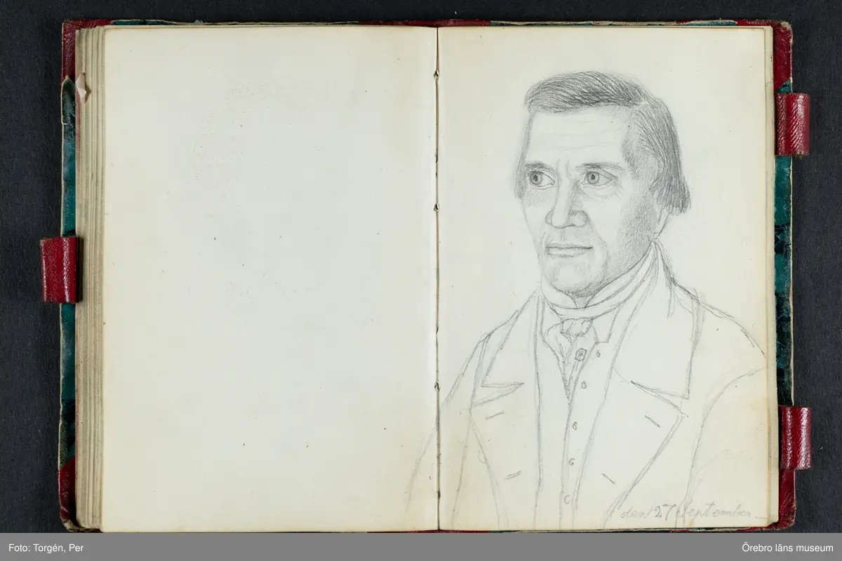 Skissbok med studieporträtt i blyerts av Wilhelmina Lagerholm (1826-1917).  Skisserna är förmodligen tecknade i Örebro under våren och sommaren 1850. I november samma år flyttade Wilhelmina Lagerholm till Stockholm för att studera teckningskonst och måleri. Några av bilderna är daterade och flera har namn på den avporträtterade. De föreställer släktingar, familjemedlemmar samt vänner och bekanta i Örebro.
Ingår i PS-15 Juliana Mannerfelt (W:s faster), F:5 Skissböcker, mm. Wilhelmina Lagerholm.