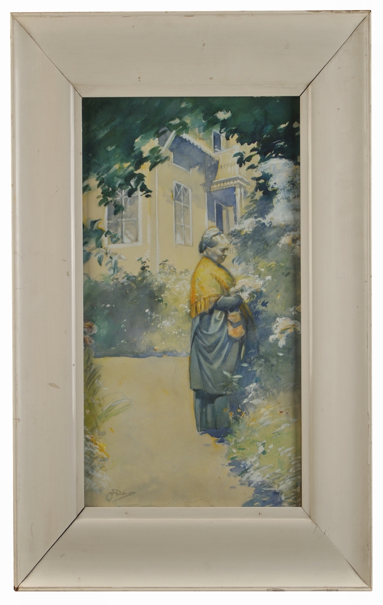 Utanför sommarvillan Vik på Norrlandet nordost om Gävle står Wilhelmina von Scheele med famnen full av syrener. Kompositionen är en ögonblicksbild.