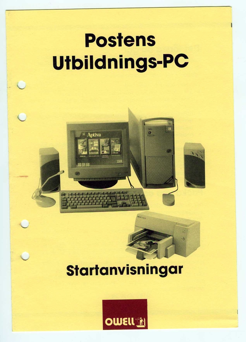 IBM Aptiva hemdator. 

Centralenhet: IBM Aptiva. Minitower. Märkt "Posten Inventarie Nr. 6046"
Skärm: IBM. Modell: 2262-015. Tillverkningsdatum: 1996-04
Tangentbord: IBM Modell: KB-8926. Tillverkningsdatum: 1996-09
Högtalare: IBM.2 st. 
Mus IBM.

Disketter och CD-skivor med program samt manualer och kringdokumentation.