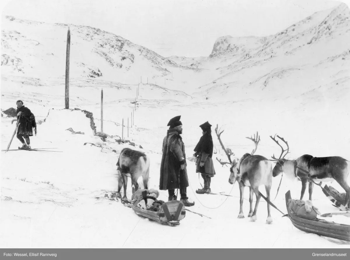 Doktorskyss med pulk og rein over fjellene mellom Bugøyfjord og Bugøynes. Dr. Wessel i midten.