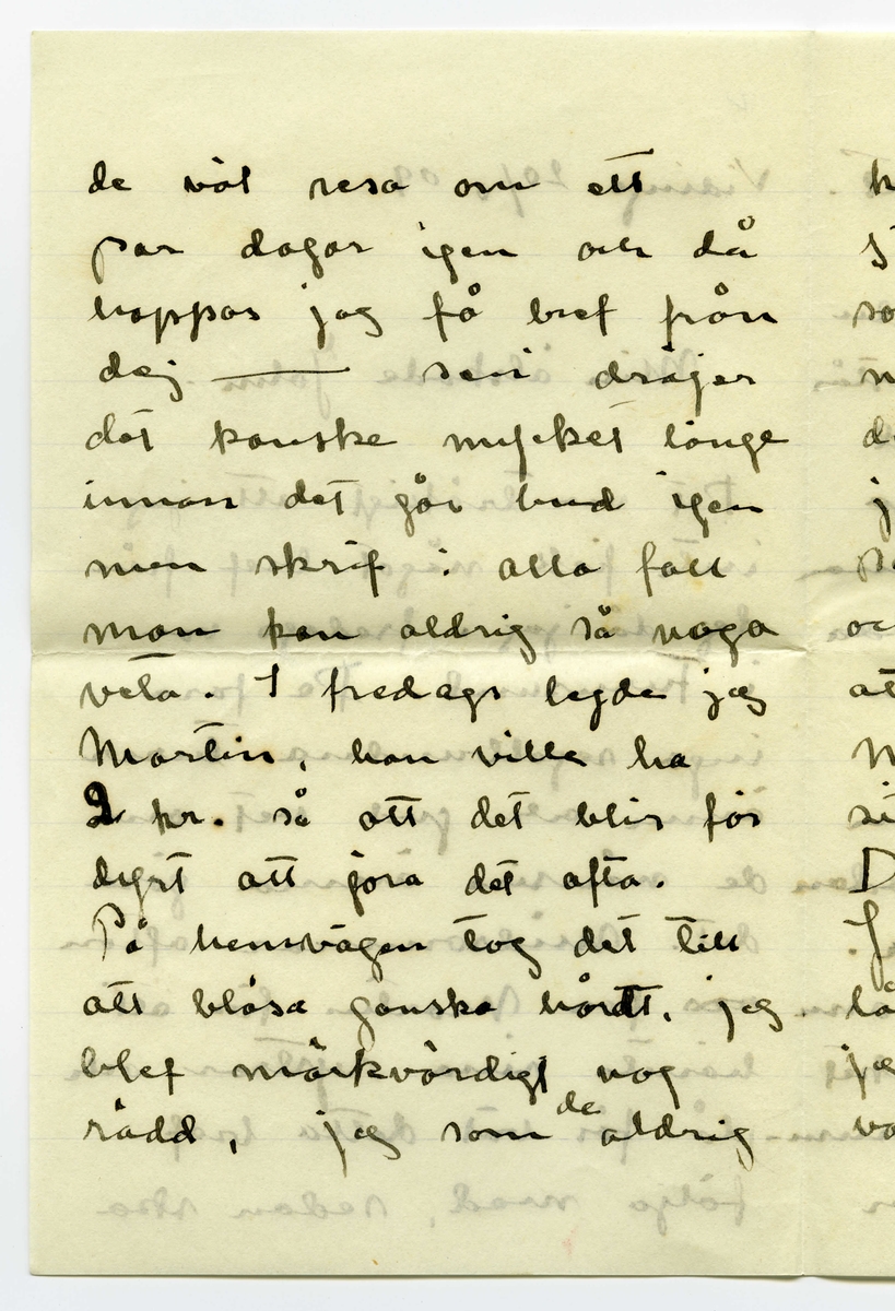 Brev 1909-06-20 från Ester Bauer till John Bauer, bestående av tolv sidor skrivna på fram- och baksidan av tre vikta pappersark. Huvudsaklig skrift handskriven med svart bläck. 
.
BREVAVSKRIFT:
.
[Sida 1]
Vidinge 20/6 09
Min älskade John
Det var tråkigt att jag
inte fick något bref från
dej då jag i fredags var
i Furusund. De foro 
inga regelbundna turer
ännu och gud vet om
de nånsin ämna göra
det. Midsommar afton
[överstruket: res] far Martin för att 
hämta sina systrar och
då får väl detta bref
följa med, sedan ska
.
[Sida 2]
de väl resa om ett
par dagar igen och då
hoppas jag få bref från
dej --- sen dröjer 
det kanske mycket länge
innan det går bud igen
men skrif i alla fall
man kan aldrig så noga
veta. I fredags lejde jag
Martin, han ville ha
2 kr. så att det blir för
dyrt att göra det ofta.
På hemvägen tog det till 
att blåsa ganska hårdt, jag
blef märkvärdigt nog 
rädd, jag som [inskrivet: de] aldrig
.
[Sida 3]
kunnat få rädd på
sjön förr. Det är skräcken
som jag fick då du seglade
med kanoten, särskilt
den där natten, som
jag vakade och väntade
på dej, det var storm
och jag trodde aldrig
att jag skulle få se dej
mera. Den skräcken
sitter i mej ännu.
Då du kommer hit ut
John – så skrif en 
lång tid förut så [överstruken bokstav] att
jag hinner få brefvet och
vara och hämta dej i
.
[Sida 4]
segelbåt, lofva mej det.
Ibland om nätterna
drömmer jag om att du 
är i sjöfara, jag förstår
inte hvad det är med
mej.----- De små ligga
på golfvet i solstrimman
och sofva nu. De binda
mej [överstruket ord] hos sej, jag kan
ju inte gå ifrån dem
jag vill inte stänga dem 
inne i den mörka ladan
så länge solen skiner.
De äro så olika hvarann.
Spinken har ett mycket
jämt lynne, alltid drum
lig och älskvärd, men
.
[Sida 5]
[överskrivet: 4 och 5]
Gruffan är som alla
af det högre stående
könet, djupare och out-
grundlig. Hon kan sitta
långa stunder och stirra
tankfullt framför sej,
men därimellan kan hon
vara yster och vild att
man med knapp nöd
kan rädda henne från
att kasta sej i sjön, för
den älskar hon och hon
vill narra Spink med
sej ut i vattnet, men
han är klokare än så
för vatten är han 
mycket rädd för, som
.
[Sida 6]
det väl också bör vara.
Spink I var ju alltid
så rädd för vatten.
I sina ystra ögonblick
narrar hon Spink till
så mycket odygd men
när hon har sina grubb-
lande tankar verkar
hon lugnande på honom
Ja – så låter han, som
allt manfolk så gärna
vill, leda sej af en 
liten kvinna. Men
ändå gruffar och grälar
han ibland, för att
vi inte ska tro att
det är han som lyder.
.
[Sida 7]
Ack ja, de manfolken.
Martin är den rödaste
socialist. Han trakterar 
mej alltid med de mäst
hårresande historier om
hur grymt elaka alla
arbetsgifvare äro och 
hurdana englar alla
arbetare äro. Då jag
säjer att alla äro vi
mer eller mindre
arbetare och att vi i
regel alltid har någon
långifvare, tycks han
inget förstå, det enda
han förstår tycks vara
.
[Sida 8]
[inskrivet: att] ämbetsmännen ha för
stora löner och att
alla grosshandlare äro
roffare. Men trots allt
skulle han vilja låna
pengar och lära och ta
studenten för att bli
en af dessa hatade äm-
betsmänn. Ja – det är
synd om honom. Han
är kypare och det vill
han inte vara, kanske
det är af sådant stoff
de värsta socialisterna
komma. Nu vakna
de små och tugga på
mattan och så ska
.
[Sida 9] 
[Längst upp över sida 9 och 12 text upp och ner: Jon-Erik ska fara till Fur---
tar han detta brefvet [överstruket ord] samt ett g eller siffran 9, alt. siffran 6 upp och ner]
jag laga middag. Adjö
med dej.
I kväll ligger hafvet som
en spegel. Jag har setat 
nere vid stranden och
hört sjöfågelskriken, de
hoade åt hvarandra och
[inskrivet: en] mamma med sina små
kommo simmande i det
metallfärgade vattnet och
måsar och tärnor singlade
i vida kretsar öfver mej.
Ja – det var vackert, gudom-
ligt vackert. Finns här väl
något ensligare än ett sjö-
fågelskrik, Och ensamheten
är så stor och vacker.
.
[Sidan 10]
[Längst upp sista ordet i en mening som börjar på sidan 11 skriven upp och ner: alla. I marginalen är inskrivet LI eller 17 upp och ner]
God natt med dej käre
Kyss din Esther.
I dag har Greta och jag
badat, jag kom just nu
hem. Vi lågo på berget
en hel timme och togo
solbad. Vattnet var kallt
så att det bet i skinnet
men härligt var det i
alla fall. Tack för [överstruket: ditt]
dinna båda bref. jag
var nyss vid ”Brändöras”
och hämtade dem (de ha
varit i Furusund i dag)
Jag satt i en björkdunge
och löste dem och jag
är så glad och kär i dej
John
.
[Sida 11]
[längst upp på sidan 11 och 10 skrivet upp och ner: Helsa så mycket till alla]
Visst är jag frisk och solbränd
och mina taxbarn må
som prinsar. För en
stund sedan gingo de
ner i en pöl med
gödselvatten och så stängde
jag in dem fastän solen
skiner ännu men något
straff ska de ha --- de
små älsklingarna. Men
nu äro de ute igen och 
nu stå de och gråta för
att jag sitter och skrifver
i stället för att leka med 
dem. De hälsa så hjärtin-
nerligt mycket til dej.
Ja – Fridas bref är verkligen
.
[Sida 12]
[längst upp på sidan skrivet upp och ner en text som är skriven över sidorna 9 och 12: [sida 9: Jon-Erik ska fara till Fur /sida 12: usund i morgon och då /sida 9: tar han detta brefvet /sida 12: med. Adjö med dej Johnne]
karaktäristiskt för henne,
jag skall skrifva och äckla[?]
henne och till Åbergs [not: kan även stå Öbergs]
skall jag också skrifva
en vacker kväll och det
äro ju alla här ute.
Men John, hvad jag länk-
tas efter dej min egen käre
John hvad jag då skulle
kyssa din munn och kry-
pa upp i din famn. Ack ja
---- men du kommer ju
snart eller hur? Jag är
så glad åt dej. Lille Spinken
hälsar särskilt till dej, han
blir allt mer och mer lik
vår förre lille Spink..
Kyss mej min egen käre
John