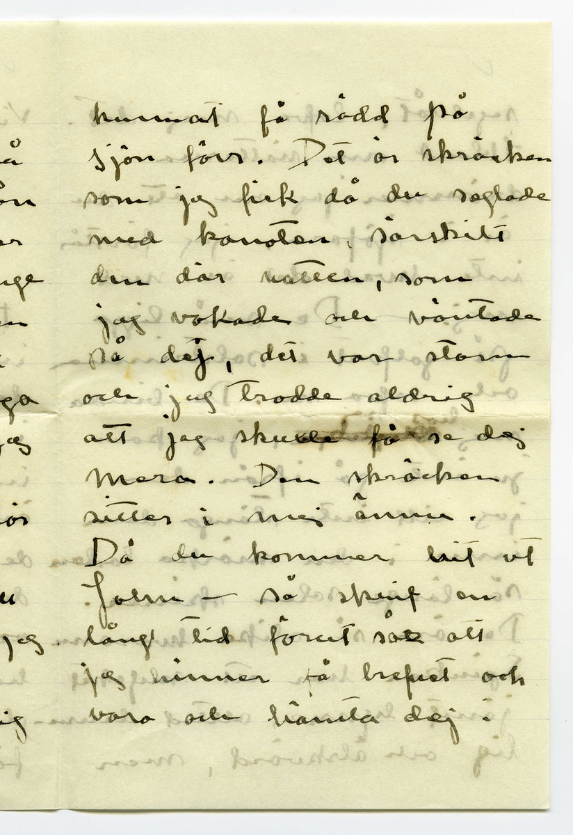 Brev 1909-06-20 från Ester Bauer till John Bauer, bestående av tolv sidor skrivna på fram- och baksidan av tre vikta pappersark. Huvudsaklig skrift handskriven med svart bläck. 
.
BREVAVSKRIFT:
.
[Sida 1]
Vidinge 20/6 09
Min älskade John
Det var tråkigt att jag
inte fick något bref från
dej då jag i fredags var
i Furusund. De foro 
inga regelbundna turer
ännu och gud vet om
de nånsin ämna göra
det. Midsommar afton
[överstruket: res] far Martin för att 
hämta sina systrar och
då får väl detta bref
följa med, sedan ska
.
[Sida 2]
de väl resa om ett
par dagar igen och då
hoppas jag få bref från
dej --- sen dröjer 
det kanske mycket länge
innan det går bud igen
men skrif i alla fall
man kan aldrig så noga
veta. I fredags lejde jag
Martin, han ville ha
2 kr. så att det blir för
dyrt att göra det ofta.
På hemvägen tog det till 
att blåsa ganska hårdt, jag
blef märkvärdigt nog 
rädd, jag som [inskrivet: de] aldrig
.
[Sida 3]
kunnat få rädd på
sjön förr. Det är skräcken
som jag fick då du seglade
med kanoten, särskilt
den där natten, som
jag vakade och väntade
på dej, det var storm
och jag trodde aldrig
att jag skulle få se dej
mera. Den skräcken
sitter i mej ännu.
Då du kommer hit ut
John – så skrif en 
lång tid förut så [överstruken bokstav] att
jag hinner få brefvet och
vara och hämta dej i
.
[Sida 4]
segelbåt, lofva mej det.
Ibland om nätterna
drömmer jag om att du 
är i sjöfara, jag förstår
inte hvad det är med
mej.----- De små ligga
på golfvet i solstrimman
och sofva nu. De binda
mej [överstruket ord] hos sej, jag kan
ju inte gå ifrån dem
jag vill inte stänga dem 
inne i den mörka ladan
så länge solen skiner.
De äro så olika hvarann.
Spinken har ett mycket
jämt lynne, alltid drum
lig och älskvärd, men
.
[Sida 5]
[överskrivet: 4 och 5]
Gruffan är som alla
af det högre stående
könet, djupare och out-
grundlig. Hon kan sitta
långa stunder och stirra
tankfullt framför sej,
men därimellan kan hon
vara yster och vild att
man med knapp nöd
kan rädda henne från
att kasta sej i sjön, för
den älskar hon och hon
vill narra Spink med
sej ut i vattnet, men
han är klokare än så
för vatten är han 
mycket rädd för, som
.
[Sida 6]
det väl också bör vara.
Spink I var ju alltid
så rädd för vatten.
I sina ystra ögonblick
narrar hon Spink till
så mycket odygd men
när hon har sina grubb-
lande tankar verkar
hon lugnande på honom
Ja – så låter han, som
allt manfolk så gärna
vill, leda sej af en 
liten kvinna. Men
ändå gruffar och grälar
han ibland, för att
vi inte ska tro att
det är han som lyder.
.
[Sida 7]
Ack ja, de manfolken.
Martin är den rödaste
socialist. Han trakterar 
mej alltid med de mäst
hårresande historier om
hur grymt elaka alla
arbetsgifvare äro och 
hurdana englar alla
arbetare äro. Då jag
säjer att alla äro vi
mer eller mindre
arbetare och att vi i
regel alltid har någon
långifvare, tycks han
inget förstå, det enda
han förstår tycks vara
.
[Sida 8]
[inskrivet: att] ämbetsmännen ha för
stora löner och att
alla grosshandlare äro
roffare. Men trots allt
skulle han vilja låna
pengar och lära och ta
studenten för att bli
en af dessa hatade äm-
betsmänn. Ja – det är
synd om honom. Han
är kypare och det vill
han inte vara, kanske
det är af sådant stoff
de värsta socialisterna
komma. Nu vakna
de små och tugga på
mattan och så ska
.
[Sida 9] 
[Längst upp över sida 9 och 12 text upp och ner: Jon-Erik ska fara till Fur---
tar han detta brefvet [överstruket ord] samt ett g eller siffran 9, alt. siffran 6 upp och ner]
jag laga middag. Adjö
med dej.
I kväll ligger hafvet som
en spegel. Jag har setat 
nere vid stranden och
hört sjöfågelskriken, de
hoade åt hvarandra och
[inskrivet: en] mamma med sina små
kommo simmande i det
metallfärgade vattnet och
måsar och tärnor singlade
i vida kretsar öfver mej.
Ja – det var vackert, gudom-
ligt vackert. Finns här väl
något ensligare än ett sjö-
fågelskrik, Och ensamheten
är så stor och vacker.
.
[Sidan 10]
[Längst upp sista ordet i en mening som börjar på sidan 11 skriven upp och ner: alla. I marginalen är inskrivet LI eller 17 upp och ner]
God natt med dej käre
Kyss din Esther.
I dag har Greta och jag
badat, jag kom just nu
hem. Vi lågo på berget
en hel timme och togo
solbad. Vattnet var kallt
så att det bet i skinnet
men härligt var det i
alla fall. Tack för [överstruket: ditt]
dinna båda bref. jag
var nyss vid ”Brändöras”
och hämtade dem (de ha
varit i Furusund i dag)
Jag satt i en björkdunge
och löste dem och jag
är så glad och kär i dej
John
.
[Sida 11]
[längst upp på sidan 11 och 10 skrivet upp och ner: Helsa så mycket till alla]
Visst är jag frisk och solbränd
och mina taxbarn må
som prinsar. För en
stund sedan gingo de
ner i en pöl med
gödselvatten och så stängde
jag in dem fastän solen
skiner ännu men något
straff ska de ha --- de
små älsklingarna. Men
nu äro de ute igen och 
nu stå de och gråta för
att jag sitter och skrifver
i stället för att leka med 
dem. De hälsa så hjärtin-
nerligt mycket til dej.
Ja – Fridas bref är verkligen
.
[Sida 12]
[längst upp på sidan skrivet upp och ner en text som är skriven över sidorna 9 och 12: [sida 9: Jon-Erik ska fara till Fur /sida 12: usund i morgon och då /sida 9: tar han detta brefvet /sida 12: med. Adjö med dej Johnne]
karaktäristiskt för henne,
jag skall skrifva och äckla[?]
henne och till Åbergs [not: kan även stå Öbergs]
skall jag också skrifva
en vacker kväll och det
äro ju alla här ute.
Men John, hvad jag länk-
tas efter dej min egen käre
John hvad jag då skulle
kyssa din munn och kry-
pa upp i din famn. Ack ja
---- men du kommer ju
snart eller hur? Jag är
så glad åt dej. Lille Spinken
hälsar särskilt till dej, han
blir allt mer och mer lik
vår förre lille Spink..
Kyss mej min egen käre
John