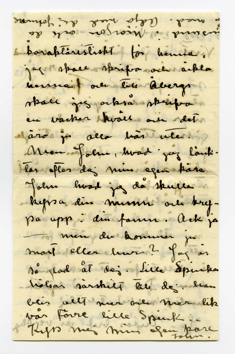 Brev 1909-06-20 från Ester Bauer till John Bauer, bestående av tolv sidor skrivna på fram- och baksidan av tre vikta pappersark. Huvudsaklig skrift handskriven med svart bläck. 
.
BREVAVSKRIFT:
.
[Sida 1]
Vidinge 20/6 09
Min älskade John
Det var tråkigt att jag
inte fick något bref från
dej då jag i fredags var
i Furusund. De foro 
inga regelbundna turer
ännu och gud vet om
de nånsin ämna göra
det. Midsommar afton
[överstruket: res] far Martin för att 
hämta sina systrar och
då får väl detta bref
följa med, sedan ska
.
[Sida 2]
de väl resa om ett
par dagar igen och då
hoppas jag få bref från
dej --- sen dröjer 
det kanske mycket länge
innan det går bud igen
men skrif i alla fall
man kan aldrig så noga
veta. I fredags lejde jag
Martin, han ville ha
2 kr. så att det blir för
dyrt att göra det ofta.
På hemvägen tog det till 
att blåsa ganska hårdt, jag
blef märkvärdigt nog 
rädd, jag som [inskrivet: de] aldrig
.
[Sida 3]
kunnat få rädd på
sjön förr. Det är skräcken
som jag fick då du seglade
med kanoten, särskilt
den där natten, som
jag vakade och väntade
på dej, det var storm
och jag trodde aldrig
att jag skulle få se dej
mera. Den skräcken
sitter i mej ännu.
Då du kommer hit ut
John – så skrif en 
lång tid förut så [överstruken bokstav] att
jag hinner få brefvet och
vara och hämta dej i
.
[Sida 4]
segelbåt, lofva mej det.
Ibland om nätterna
drömmer jag om att du 
är i sjöfara, jag förstår
inte hvad det är med
mej.----- De små ligga
på golfvet i solstrimman
och sofva nu. De binda
mej [överstruket ord] hos sej, jag kan
ju inte gå ifrån dem
jag vill inte stänga dem 
inne i den mörka ladan
så länge solen skiner.
De äro så olika hvarann.
Spinken har ett mycket
jämt lynne, alltid drum
lig och älskvärd, men
.
[Sida 5]
[överskrivet: 4 och 5]
Gruffan är som alla
af det högre stående
könet, djupare och out-
grundlig. Hon kan sitta
långa stunder och stirra
tankfullt framför sej,
men därimellan kan hon
vara yster och vild att
man med knapp nöd
kan rädda henne från
att kasta sej i sjön, för
den älskar hon och hon
vill narra Spink med
sej ut i vattnet, men
han är klokare än så
för vatten är han 
mycket rädd för, som
.
[Sida 6]
det väl också bör vara.
Spink I var ju alltid
så rädd för vatten.
I sina ystra ögonblick
narrar hon Spink till
så mycket odygd men
när hon har sina grubb-
lande tankar verkar
hon lugnande på honom
Ja – så låter han, som
allt manfolk så gärna
vill, leda sej af en 
liten kvinna. Men
ändå gruffar och grälar
han ibland, för att
vi inte ska tro att
det är han som lyder.
.
[Sida 7]
Ack ja, de manfolken.
Martin är den rödaste
socialist. Han trakterar 
mej alltid med de mäst
hårresande historier om
hur grymt elaka alla
arbetsgifvare äro och 
hurdana englar alla
arbetare äro. Då jag
säjer att alla äro vi
mer eller mindre
arbetare och att vi i
regel alltid har någon
långifvare, tycks han
inget förstå, det enda
han förstår tycks vara
.
[Sida 8]
[inskrivet: att] ämbetsmännen ha för
stora löner och att
alla grosshandlare äro
roffare. Men trots allt
skulle han vilja låna
pengar och lära och ta
studenten för att bli
en af dessa hatade äm-
betsmänn. Ja – det är
synd om honom. Han
är kypare och det vill
han inte vara, kanske
det är af sådant stoff
de värsta socialisterna
komma. Nu vakna
de små och tugga på
mattan och så ska
.
[Sida 9] 
[Längst upp över sida 9 och 12 text upp och ner: Jon-Erik ska fara till Fur---
tar han detta brefvet [överstruket ord] samt ett g eller siffran 9, alt. siffran 6 upp och ner]
jag laga middag. Adjö
med dej.
I kväll ligger hafvet som
en spegel. Jag har setat 
nere vid stranden och
hört sjöfågelskriken, de
hoade åt hvarandra och
[inskrivet: en] mamma med sina små
kommo simmande i det
metallfärgade vattnet och
måsar och tärnor singlade
i vida kretsar öfver mej.
Ja – det var vackert, gudom-
ligt vackert. Finns här väl
något ensligare än ett sjö-
fågelskrik, Och ensamheten
är så stor och vacker.
.
[Sidan 10]
[Längst upp sista ordet i en mening som börjar på sidan 11 skriven upp och ner: alla. I marginalen är inskrivet LI eller 17 upp och ner]
God natt med dej käre
Kyss din Esther.
I dag har Greta och jag
badat, jag kom just nu
hem. Vi lågo på berget
en hel timme och togo
solbad. Vattnet var kallt
så att det bet i skinnet
men härligt var det i
alla fall. Tack för [överstruket: ditt]
dinna båda bref. jag
var nyss vid ”Brändöras”
och hämtade dem (de ha
varit i Furusund i dag)
Jag satt i en björkdunge
och löste dem och jag
är så glad och kär i dej
John
.
[Sida 11]
[längst upp på sidan 11 och 10 skrivet upp och ner: Helsa så mycket till alla]
Visst är jag frisk och solbränd
och mina taxbarn må
som prinsar. För en
stund sedan gingo de
ner i en pöl med
gödselvatten och så stängde
jag in dem fastän solen
skiner ännu men något
straff ska de ha --- de
små älsklingarna. Men
nu äro de ute igen och 
nu stå de och gråta för
att jag sitter och skrifver
i stället för att leka med 
dem. De hälsa så hjärtin-
nerligt mycket til dej.
Ja – Fridas bref är verkligen
.
[Sida 12]
[längst upp på sidan skrivet upp och ner en text som är skriven över sidorna 9 och 12: [sida 9: Jon-Erik ska fara till Fur /sida 12: usund i morgon och då /sida 9: tar han detta brefvet /sida 12: med. Adjö med dej Johnne]
karaktäristiskt för henne,
jag skall skrifva och äckla[?]
henne och till Åbergs [not: kan även stå Öbergs]
skall jag också skrifva
en vacker kväll och det
äro ju alla här ute.
Men John, hvad jag länk-
tas efter dej min egen käre
John hvad jag då skulle
kyssa din munn och kry-
pa upp i din famn. Ack ja
---- men du kommer ju
snart eller hur? Jag är
så glad åt dej. Lille Spinken
hälsar särskilt till dej, han
blir allt mer och mer lik
vår förre lille Spink..
Kyss mej min egen käre
John