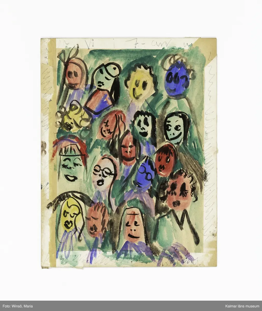 Ansikten målade i olika färger, Gunilla Skyttlas klasskamrater Titel: "Vi i 7-an" (:1). Två människoliknande figurer, den ena i sittande position med upplyfta armar och den andra stående, med höjd arm i en hotfull position . Titel: "gift er aldrig" (:2)