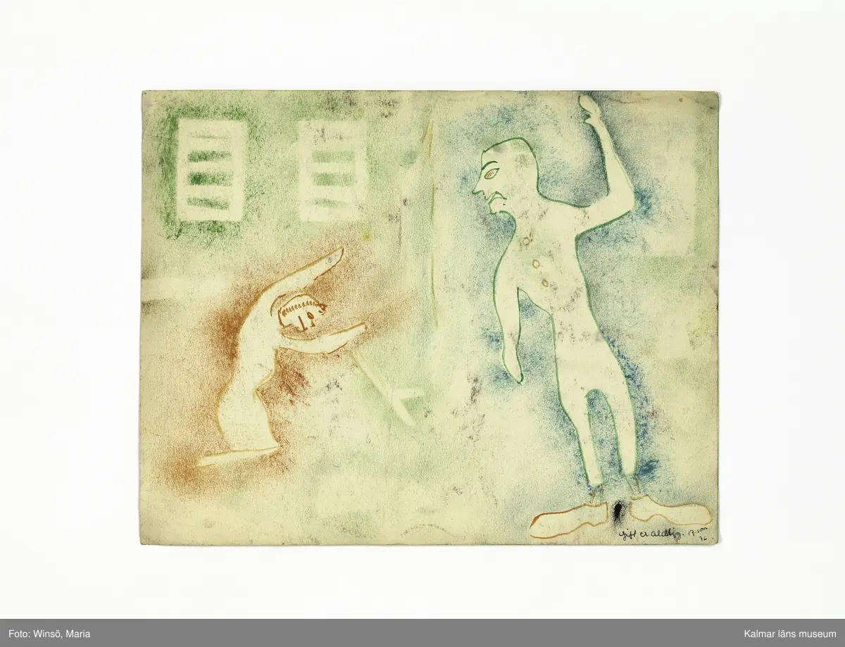 Ansikten målade i olika färger, Gunilla Skyttlas klasskamrater Titel: "Vi i 7-an" (:1). Två människoliknande figurer, den ena i sittande position med upplyfta armar och den andra stående, med höjd arm i en hotfull position . Titel: "gift er aldrig" (:2)