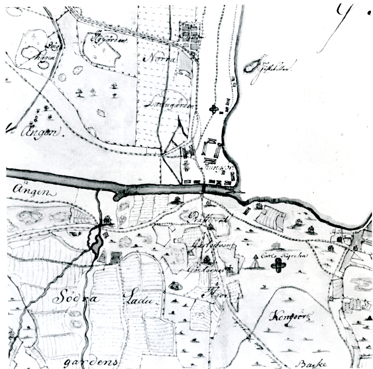 Kung Karl sn, Kungsör.
Kungsör. Detalj av karta över bl.a. Norra och Södra Ladugården.