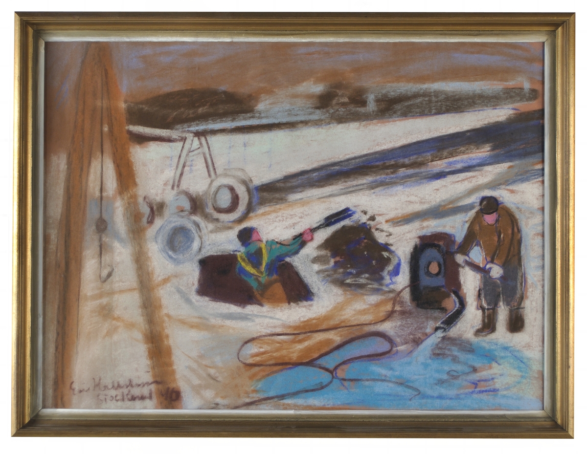 Pastell, Stocksund, av Eric Hallström. Två arbetare utför gatuarbete i ett vintrigt Stocksund, utanför Stockholm. Montering/Ram: Originalram