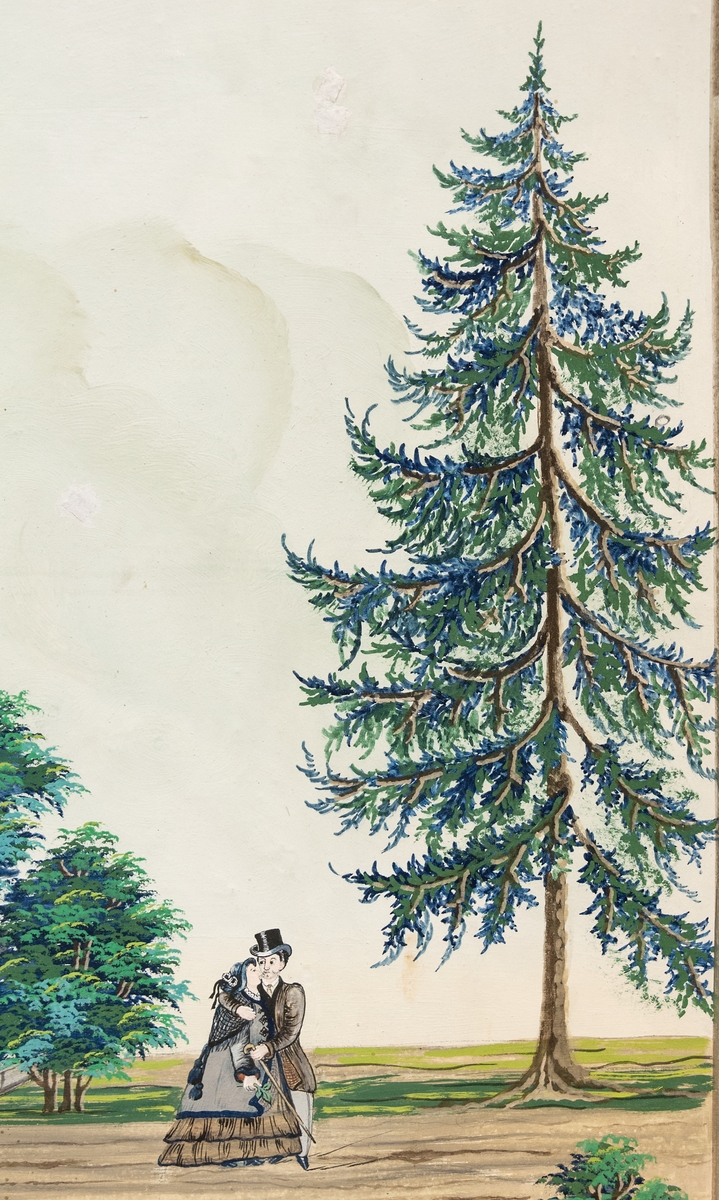 Del av väggmålning. Limfärg på papp. Pilastrar och målat väggfält.
Ett par framför herrgård iförd 1850-talsklädsel.