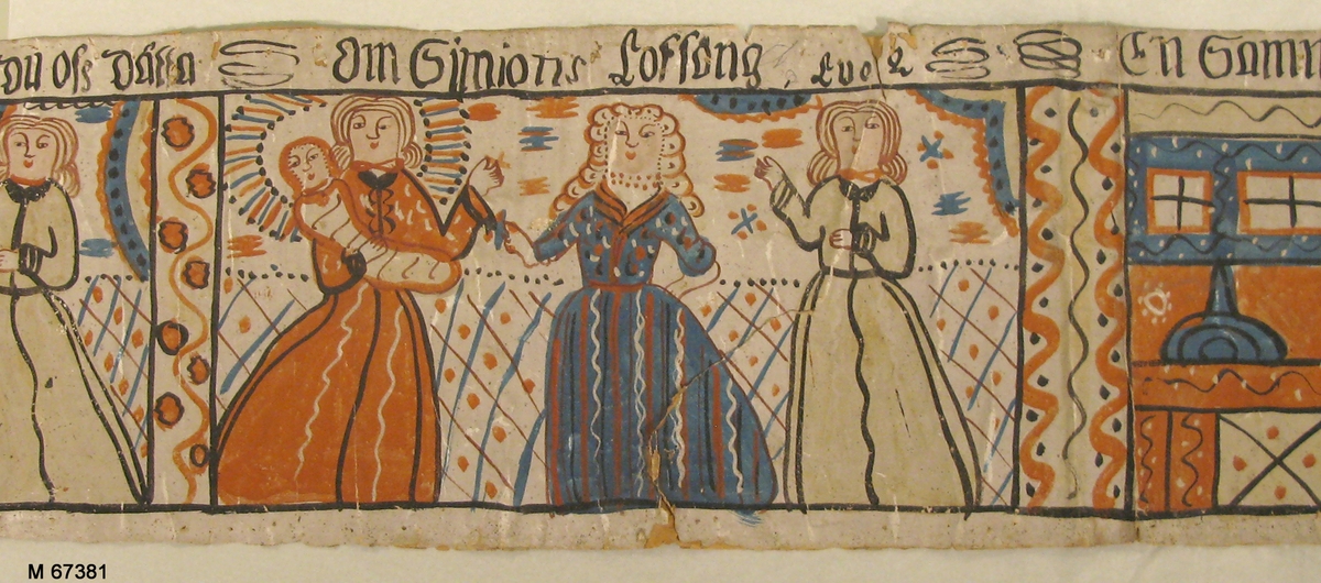 Bonadsmålning av okänd konstnär från Sunnerbogruppen, målad i tempera på papper. Bildscener från Kristi födelse och liv.
Tidigare helt upplimmad på grövre papper.