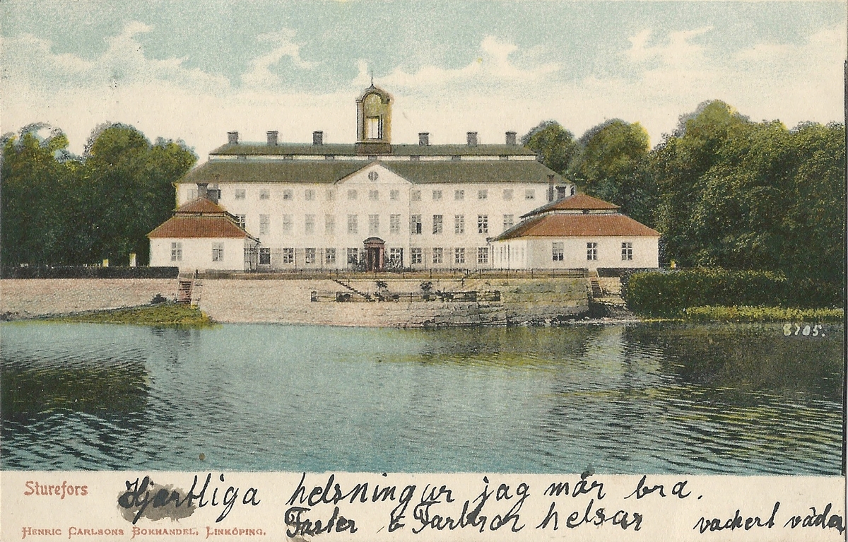 Vykort Bild på Sturefors slott vid sjön Ärlången.
Sturefors, slott, Erlången, Ärlången, 
Poststämplat 5 augusti 1907
Henric Carlssons bokhandel Linköping