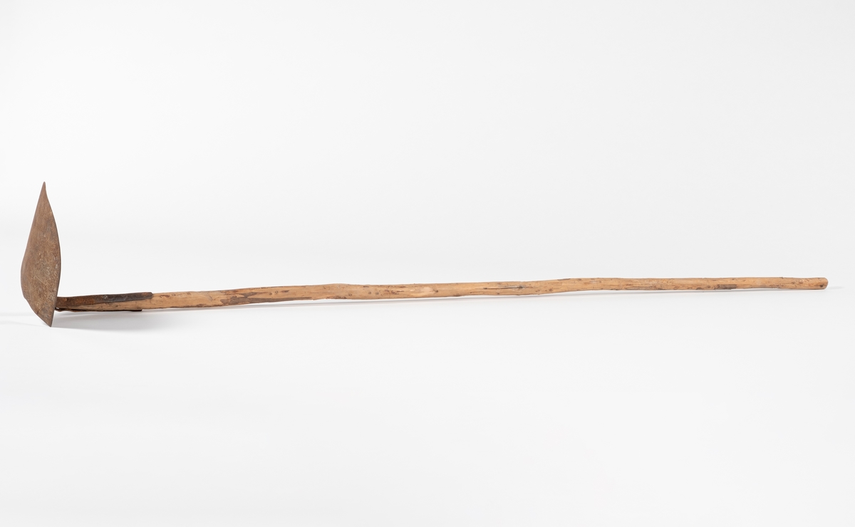 Langt, naturlig skaft med hakkehode. Hodet er spikret til skaftet. Det er fortsatt rester av bark på skaftet.
