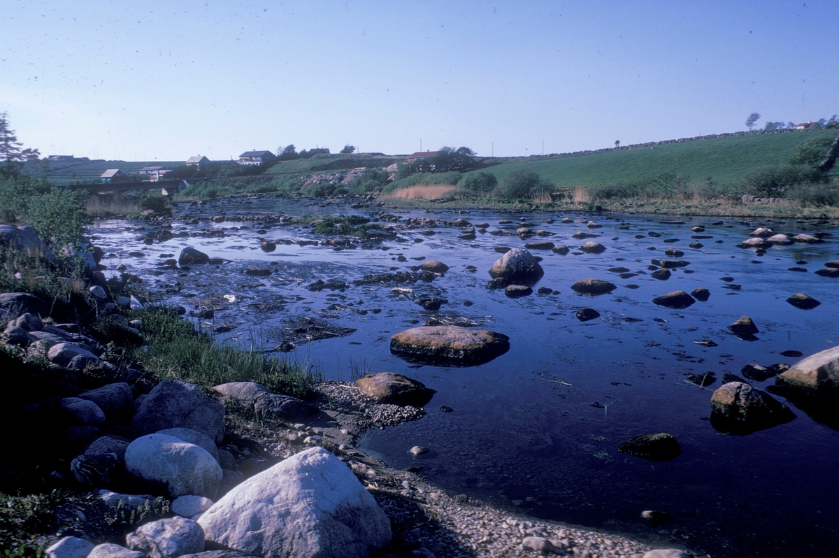 Oppdrett, Egeland, 1974 : I forgrunnen en gressbevokst bredd og en grunn elv med mange steiner.  I bakgrunnen går en bro over elva, samt noe bebyggelse.