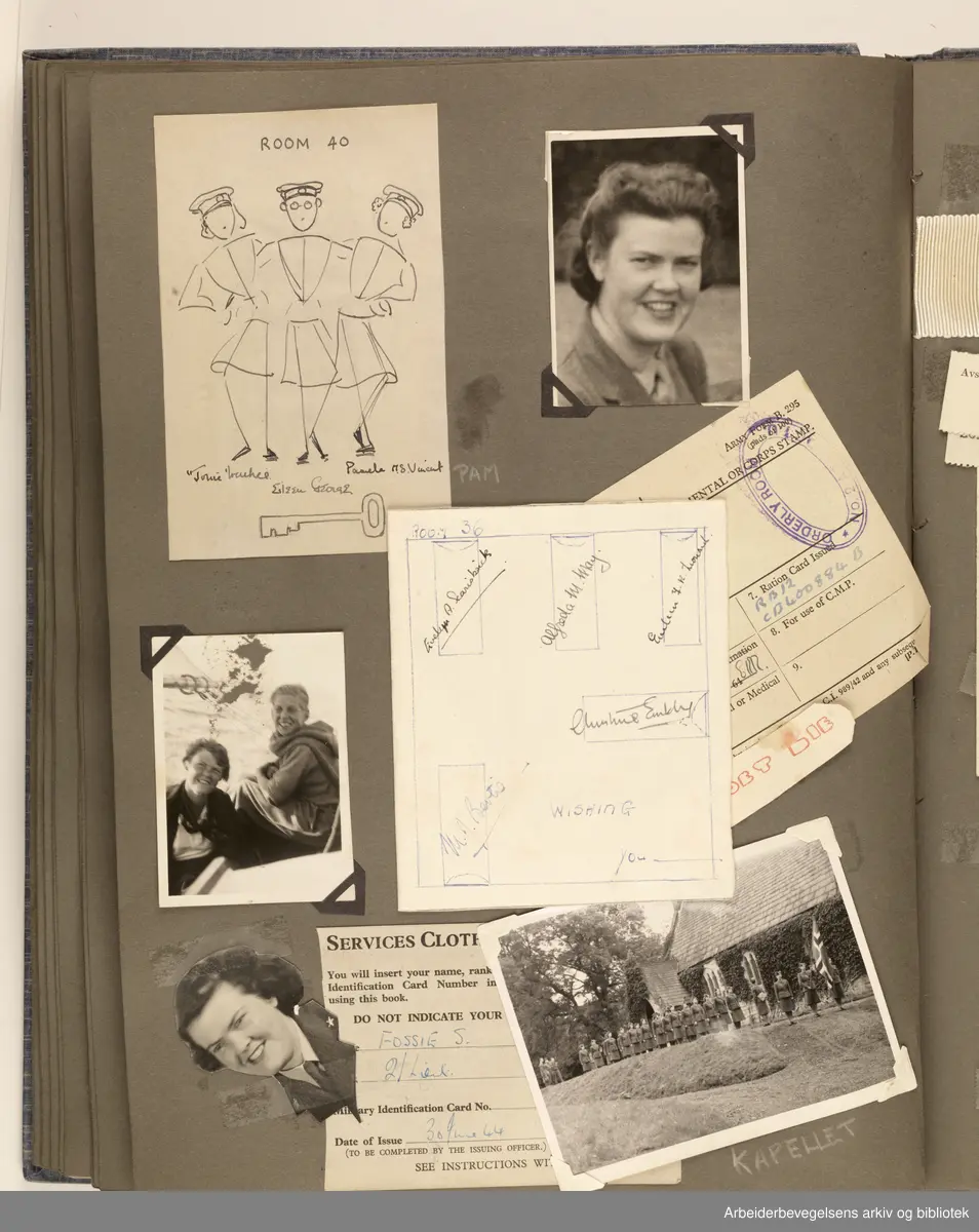Album laget av Sissel Lie, senere Bratz (1922-1983). Foto og utklipp fra tiden hun tjenestegjorde i Den norske hærs kvinnekorps i Storbritannia under andre verdenskrig. Hun oppnådde graden fenrik i kontrolltjenesten. Albumet har tittelen Sissels Scrapbook fra 1944-45. Side 58: Ulike bilder og minner fra dagene i WAAF.