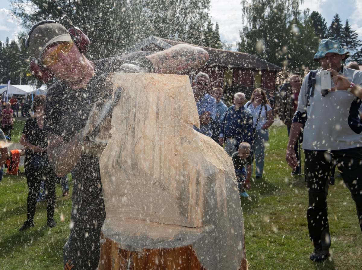 Oppvisning av Trebukken Motorsagkunst  på Skogbrukstunet under De nordiske jakt- og fiskedager 2019 på Norsk skogmuseum, Elverum, Hedmark. Kunst med motorsag. Arjan Besemer lager en treskulptur ved hjelp av motorsag. Motorsagshow.
De nordiske jakt- og fiskedagene 2019. Jakt- og fiskedagene. Jakt og fiskedagene. Jakt og fiskedager. Arrangement. Arrangementer.