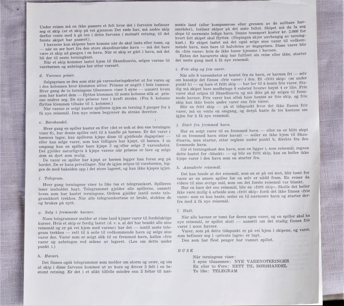 Spillet heter "Shipping", og inneholder spillbrett, forflytnigsfigurer, penger og brikker mm.