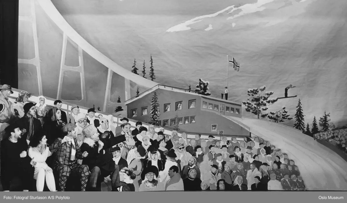 Centralteatret, scene, revyen "Vinterlek" av Finn Bø, skuespillere, kostymer, scenografi